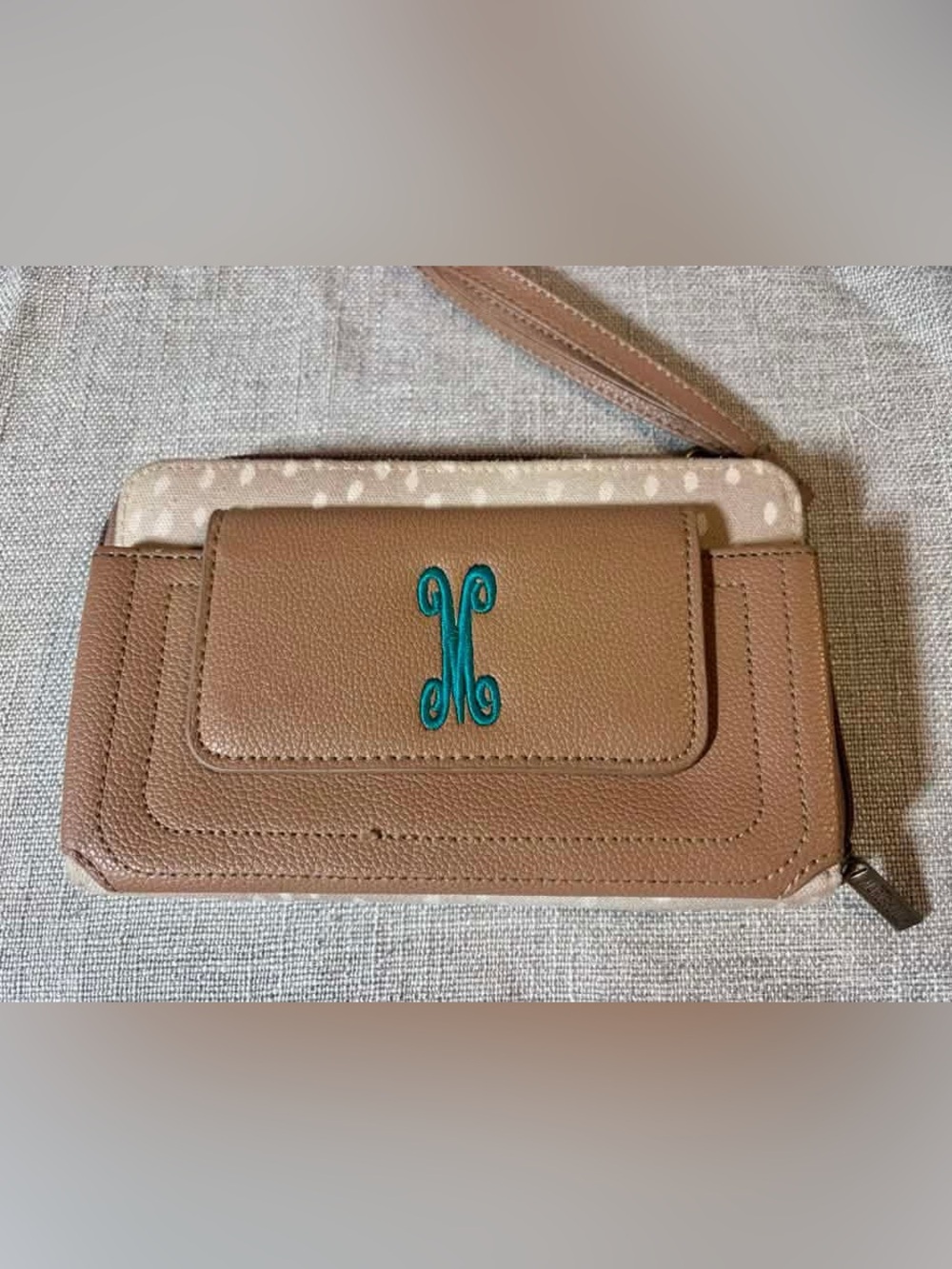 Tan Crossbody Wallet with Teal Monogram Accent